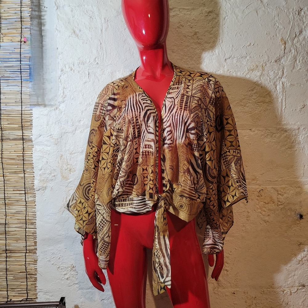 Ashley Stewart Sheer Animal Abstract Ethnic Print Crop Midriff Tie Blouse